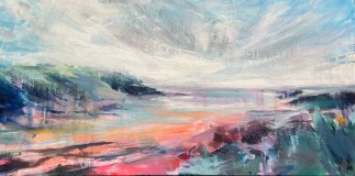 Highly textured painting depicting the tide retreading between to coastal headlands. The beach is brightly colours in stries of orange and pink while the land is full of greens and blues. Above the horizon linke the white clouds fan out from the central point of the painting against a soft blue background.