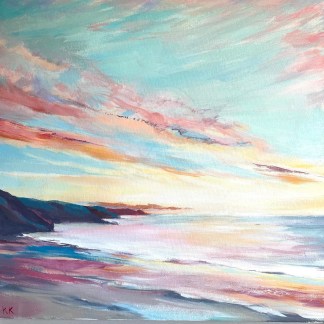 The beach angles down to the right hand corner dark pink, sandy yellow and pale ble. The dark blue headland is along the horizon line sitting on the left hand side of the painting. The distant sky is above full of pink trails and turquoise blue with a soft yellow of the fading sun. To the right under the horizon line is the sea full of the reflections from the sunset with waves gently coming into the beach in the foreground
