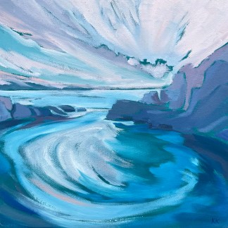 beautiful original oil painting inspired by teh Blue Lagoon in Pembrokeshire, purples, blues and pink colours