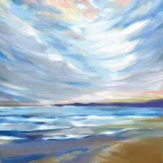 The sunset in the sky dominates this painting with sweepy brush stokes showing the movement of the evening light and clouds. The painting shows a colour palette of ochre, whites and . The blues. Under the sky the horizon line sits with the fading light above the headland at Newgale. Under this waves roll into the beach which is shown at the right hand corner of the painting in deeper shades of the palette employed.