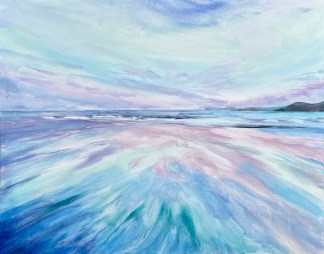 The painting shows the stretch of sand touching the sea in the distance. The sand is painted in pinks, purples and blues as the wet sand reflects the light of a sunset. The narrow strip of sea cuts across the painting to a little headland in the distance. A third of the painting is sky with beautiful soft movement of clouds and light across the expanse in bles, magenta, whites and pale turquoise.