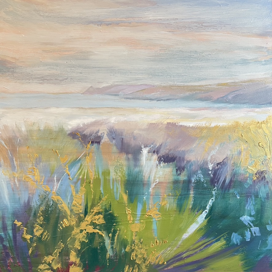 An original atmospheric painting of Abermawer in Pembrokeshire. Showing the reedbed in the foreground painted in greens, golds, turquoise and purples. The middle ground depicts the beach and headland pointing out into the sea which is painted in soft whites, purples and pale blue. The sky is painted in soft hues of orange, blues and lilac