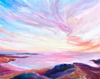 Kate Kelly Coastal Artist. Brightly coloured large painting showing the wispy trails of coloured clouds dance across the sky to the horizon, which rich pinks, oranges set against a blue and white sky. The bottom third of painting shows this sunset reflected in the sea below and so is full of pinks and purples. The distant headland on the left and the grasses foreground of the hill top is rendered in rich deep colours of blue, pinl, orange.