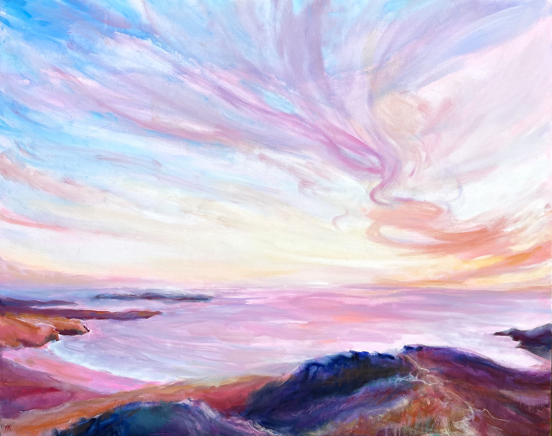 Kate Kelly Coastal Artist. Brightly coloured large painting showing the wispy trails of coloured clouds dance across the sky to the horizon, which rich pinks, oranges set against a blue and white sky. The bottom third of painting shows this sunset reflected in the sea below and so is full of pinks and purples. The distant headland on the left and the grasses foreground of the hill top is rendered in rich deep colours of blue, pinl, orange.